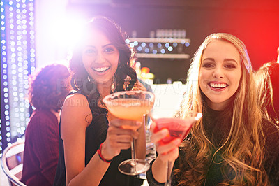 Buy stock photo Women, friends and cocktail with portrait with toast in nightclub, event and happy hour. People, club and drink with margarita, alcohol and smile with celebration for new year with bonding in night