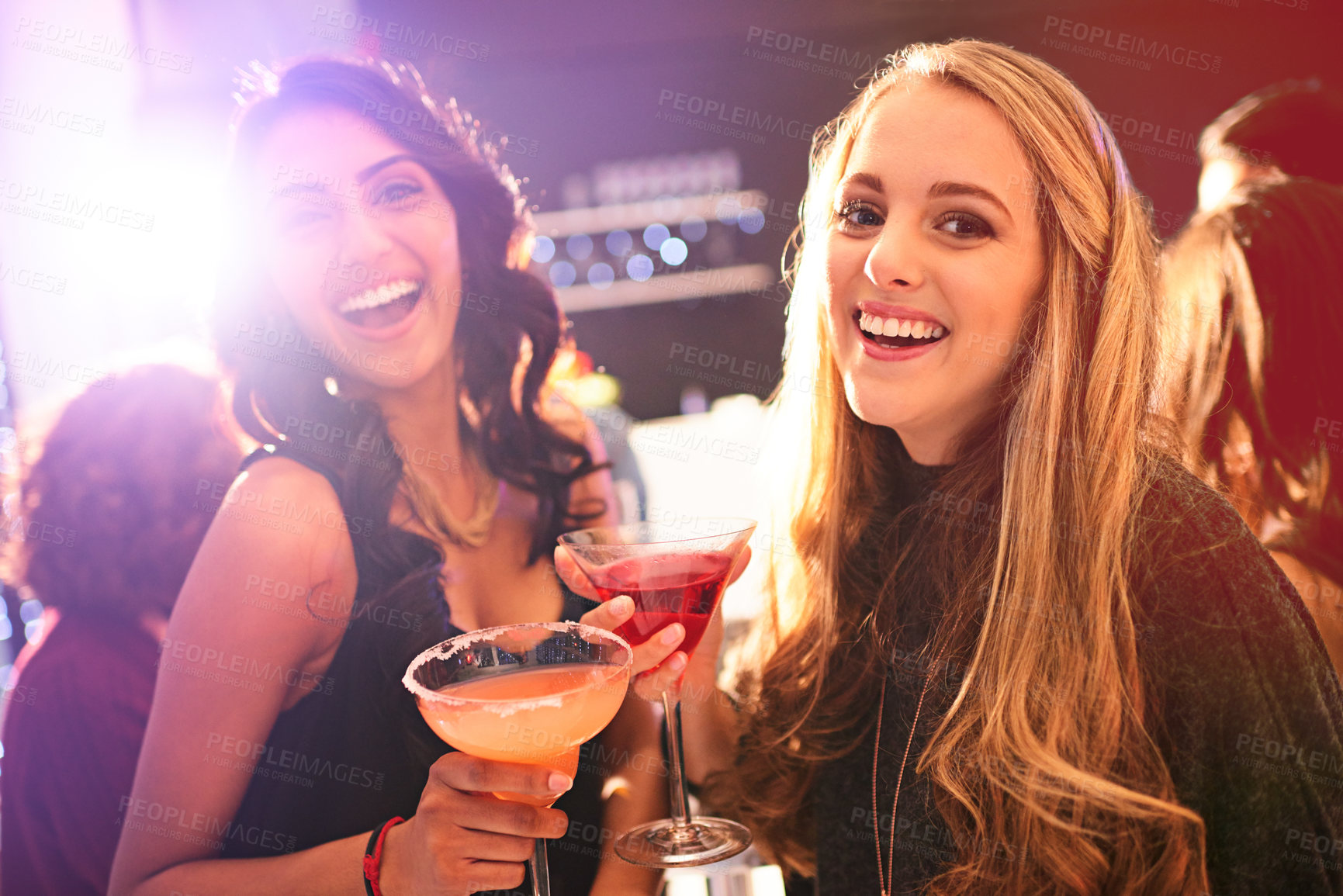 Buy stock photo Women, friends and cocktail with portrait in nightclub, event and together for happy hour. People, club and drink with margarita, alcohol and smile with celebration for new year with bonding in night