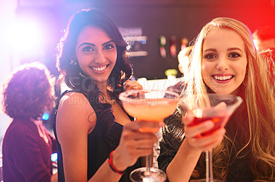 Buy stock photo Girl, friends and cocktail with portrait with toast in nightclub, congratulations and happy hour. Women, club and drink with margarita, alcohol and smile at event in new year with cheers in night