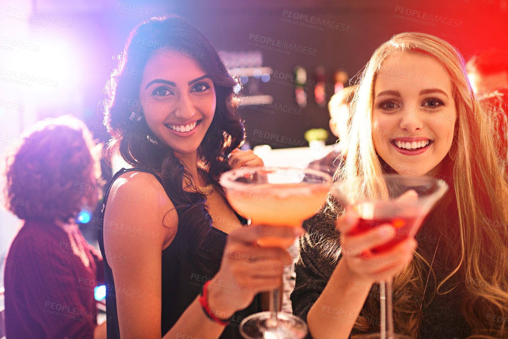 Buy stock photo Girl, friends and cocktail with portrait with toast in nightclub, congratulations and happy hour. Women, club and drink with margarita, alcohol and smile at event in new year with cheers in night