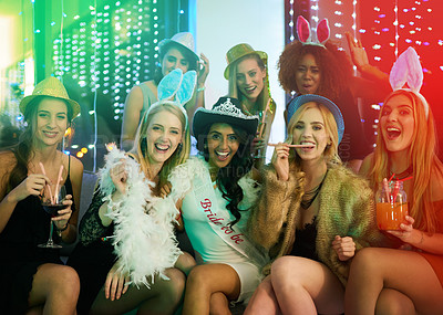 Buy stock photo Portrait of a group of young woman having a bachelorette party at a nightclub