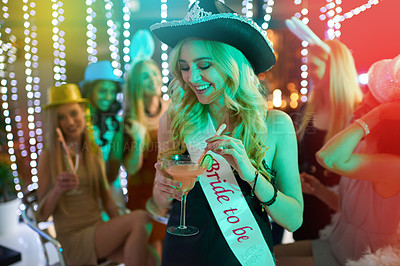Buy stock photo Woman, party and bride alcohol in club, bachelorette event and celebration at night rave. Female person, cocktail and drinking at happy hour for fun, confident and festival aesthetic for freedom