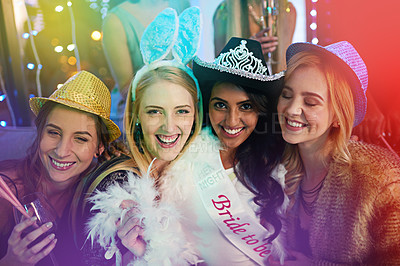 Buy stock photo Friends, party and bride portrait in club, bachelorette event and celebration at night rave. Group of women, friendship and energy at social nightlife, confident and festival aesthetic for freedom