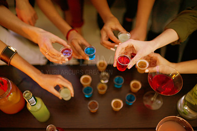 Buy stock photo Party, glass and hands of people with alcohol shots at event for toast, celebration or bonding together. Cheers, cocktail beverage and friends group for happy hour, social gathering or entertainment