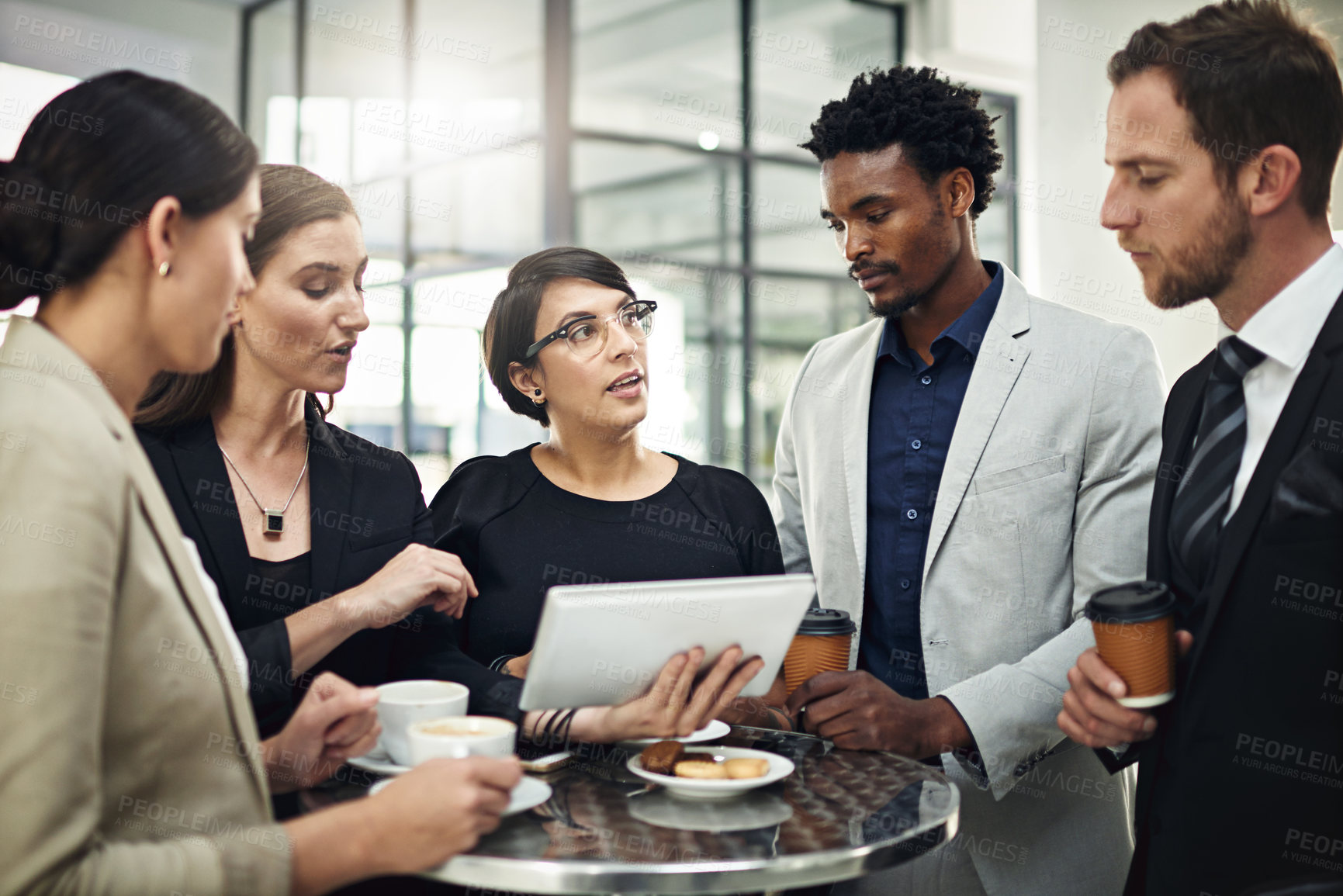 Buy stock photo Business, team and conversation with tablet in office for collaboration or partnership on company project for growth strategy. People, diversity and digital technology for online feedback of website.