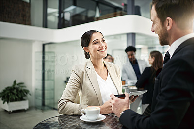 Buy stock photo Corporate team, tablet and smile by coffee table for collaboration, success and bonding in office. Partners, socializing and talk work for deadlines, business and targets with smartphone for updates