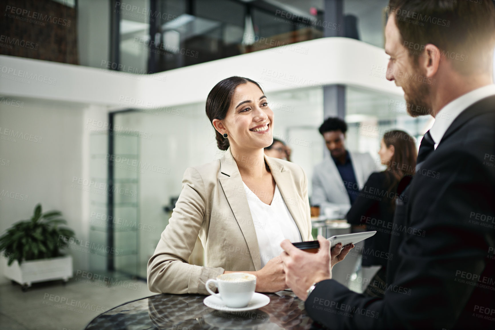 Buy stock photo Corporate team, tablet and smile by coffee table for collaboration, success and bonding in office. Partners, socializing and talk work for deadlines, business and targets with smartphone for updates