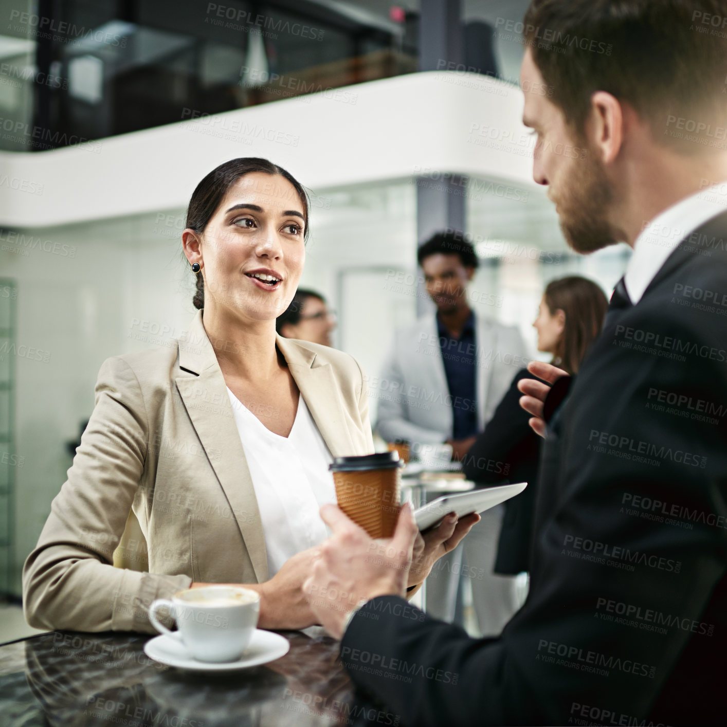 Buy stock photo Coffee, tablet and business people in conversation, discussion and talking together for job in corporate career. Website, employees and lawyer team at cafe after professional meeting in office