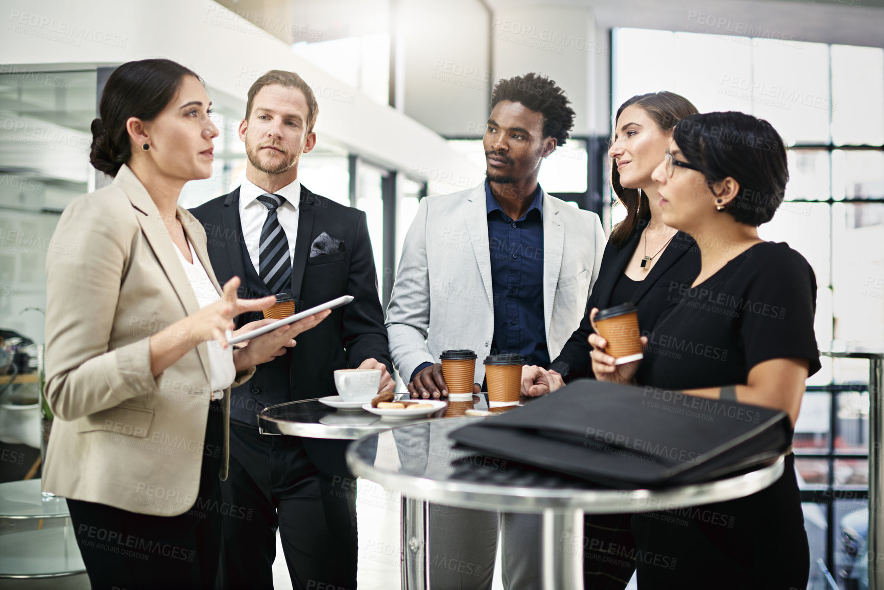 Buy stock photo Business people, tablet and meeting in office for brainstorming, strategy and project collaboration. Cooperation, teamwork and group of workers talking for proposal, progress report or review