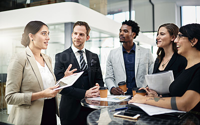 Buy stock photo Diversity, people and discussion in office for business project, documents and explain for meeting. Company, tech and global staff with conversation, tablet and teamwork with research for strategy