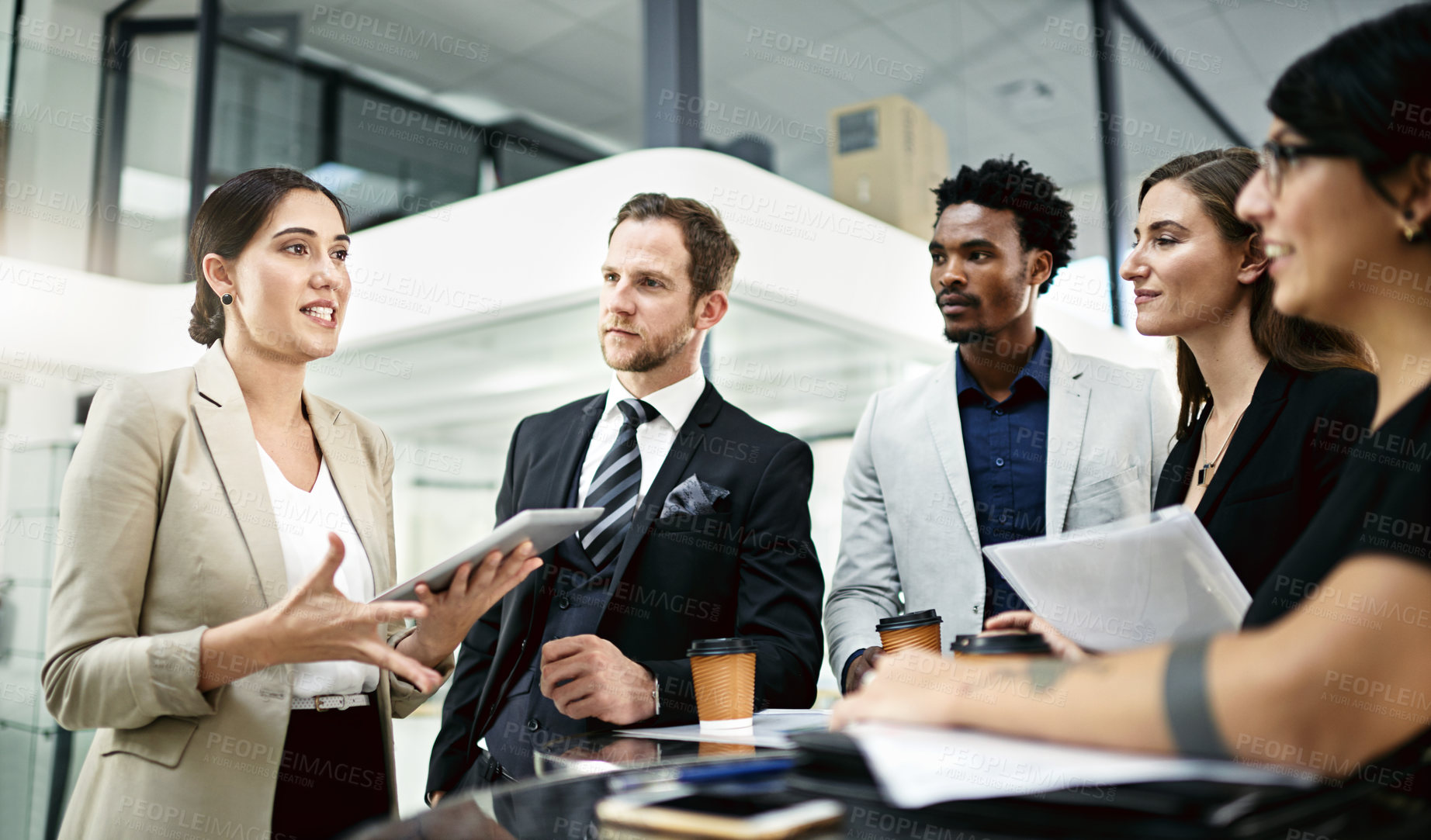 Buy stock photo Diversity, staff and discussion in office for business project, documents and explain for meeting. Company, tech and global people with conversation, tablet and teamwork with research for strategy