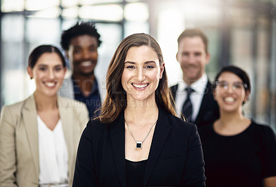 Buy stock photo Business woman, portrait and team with leadership for career ambition, confidence or firm at office. Female person or manager with smile or group of employees in management for about us at workplace