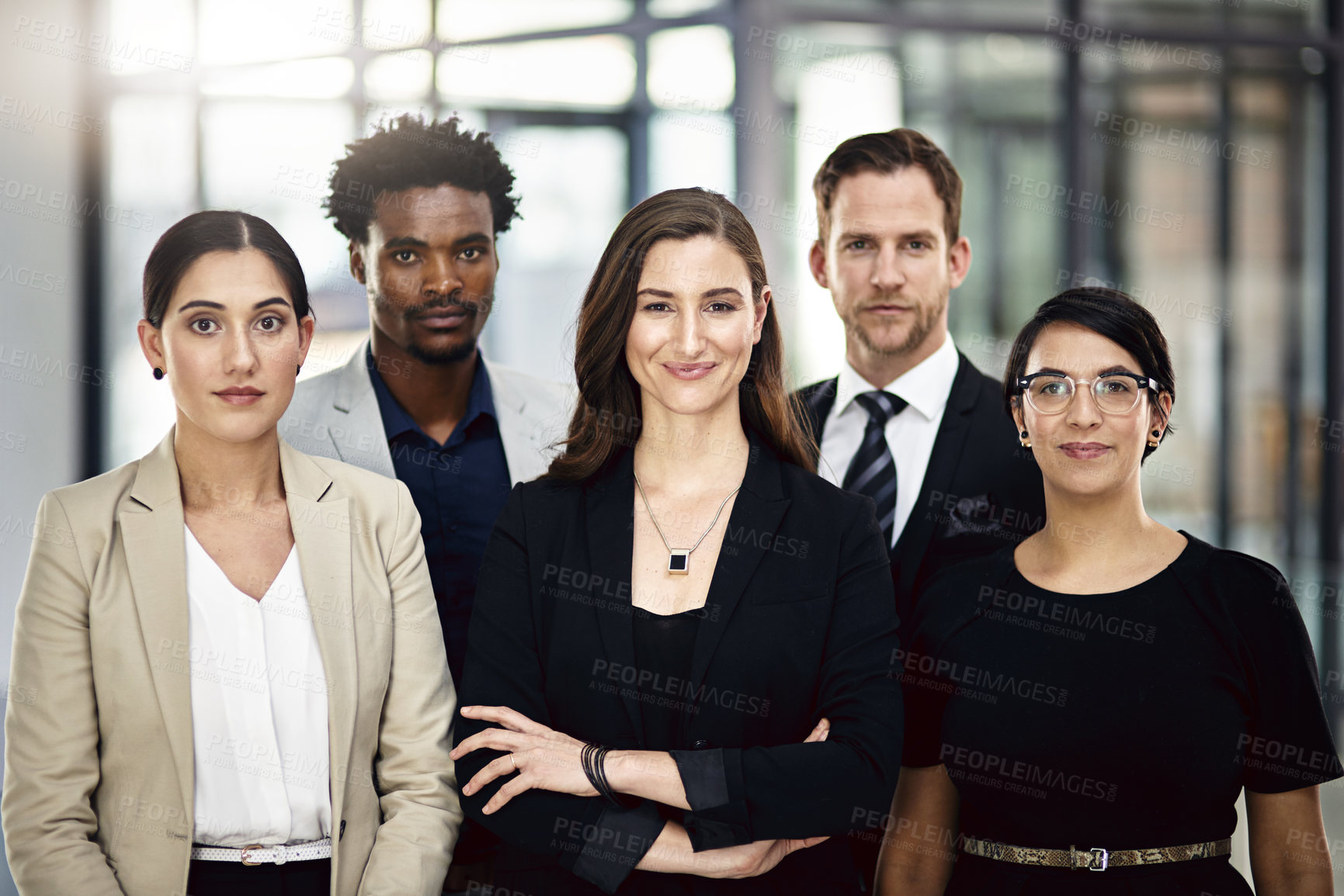 Buy stock photo Business people, portrait and group with teamwork, diversity and cooperation with corporate professional. Legal aid, attorney and lawyer in modern office, confidence and collaboration with support