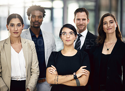 Buy stock photo Business people, portrait and cooperation with teamwork, diversity and support with corporate professional. Legal aid, attorney or lawyer in office, confidence and collaboration with pride or startup