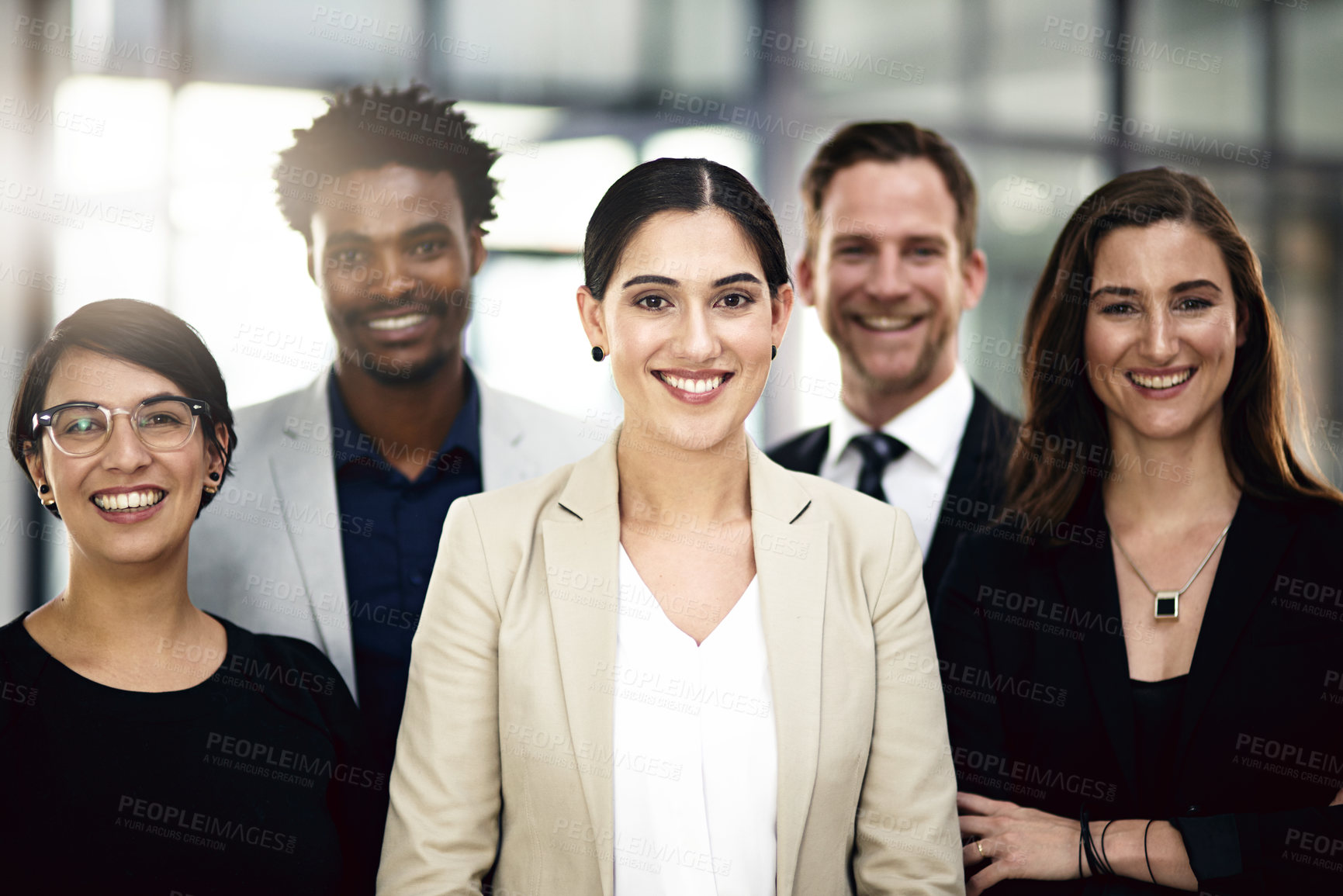 Buy stock photo Teamwork, corporate and portrait of business people in office for partnership, collaboration and about us. Professional lawyers, diversity and men and women with confidence, company pride and smile