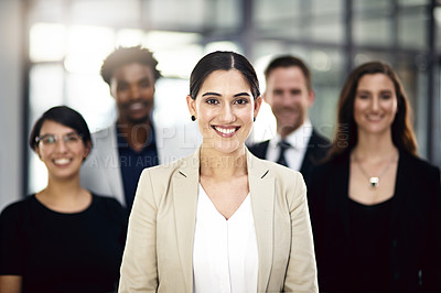 Buy stock photo Teamwork, office and portrait of woman with business people for partnership, collaboration and about us. Professional lawyers, diversity and men and women with confidence, company pride and smile