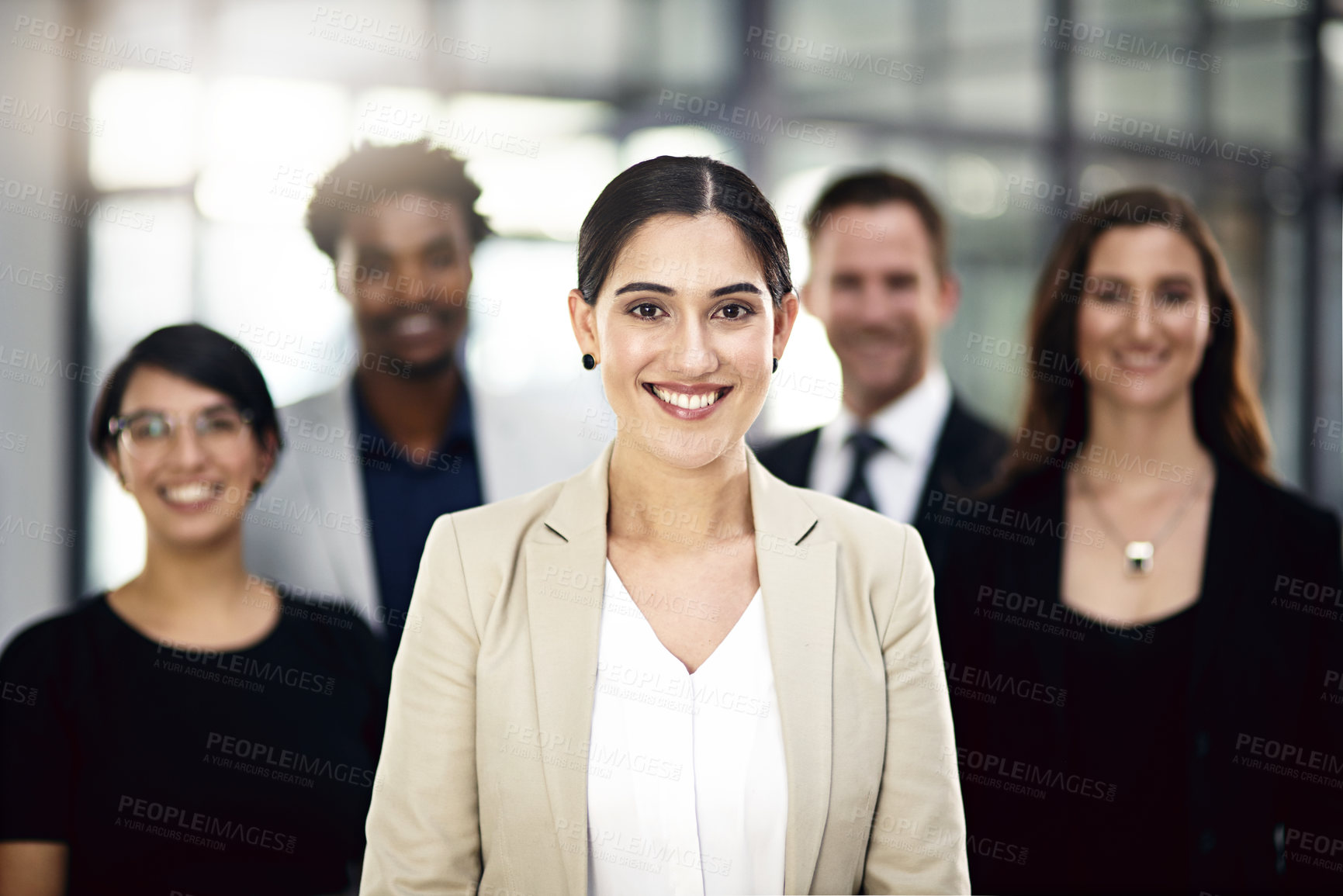 Buy stock photo Teamwork, office and portrait of woman with business people for partnership, collaboration and about us. Professional lawyers, diversity and men and women with confidence, company pride and smile