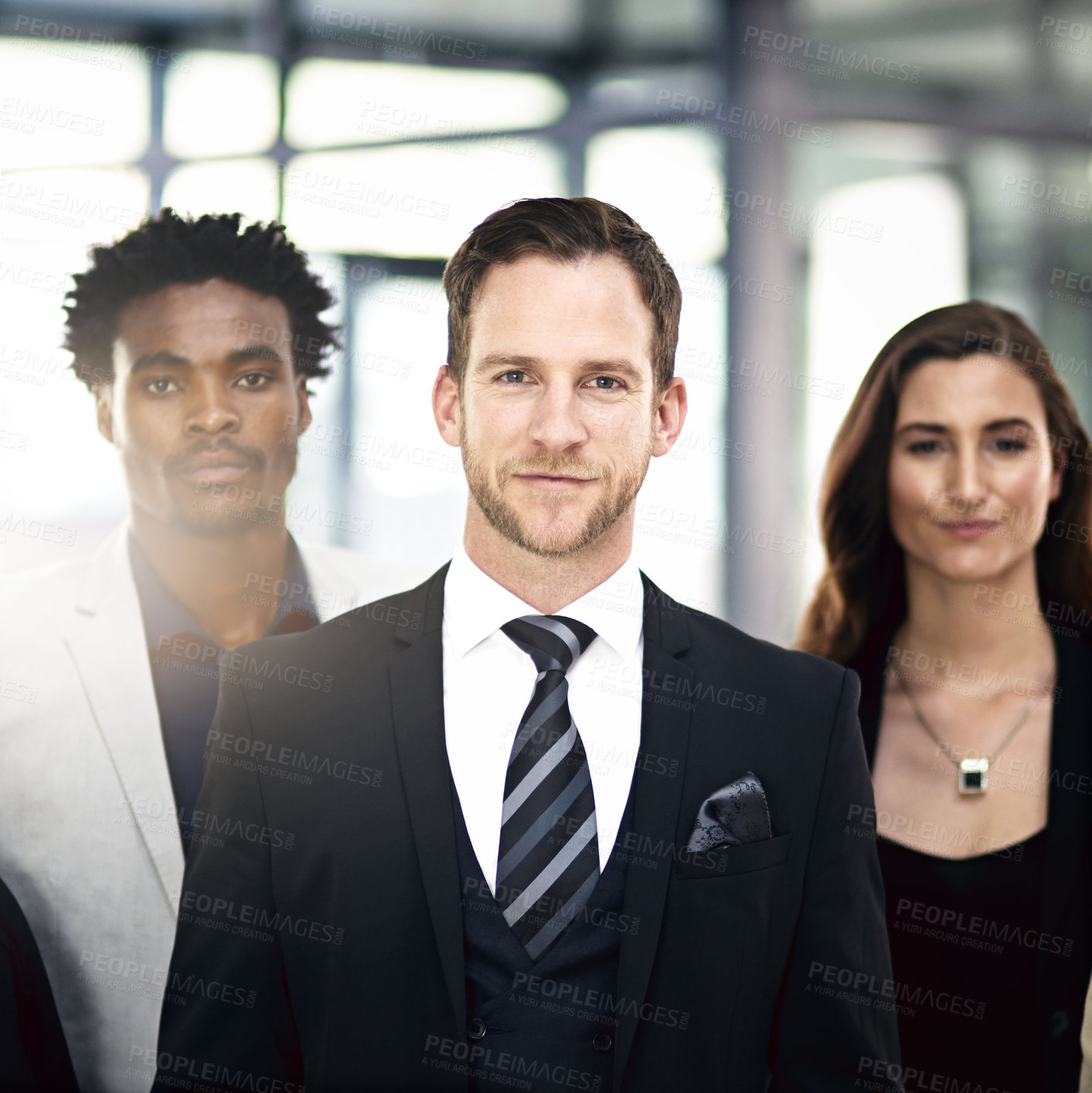 Buy stock photo Teamwork, professional and portrait of business people in office for partnership, collaboration and about us. Corporate lawyers, diversity and men and women with confidence, company pride and smile