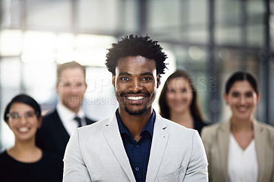 Buy stock photo Teamwork, black man and portrait of business people in office for partnership, collaboration and about us. Professional lawyers, diversity and men and women with confidence, company pride and smile