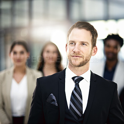 Buy stock photo Happy, businessman and vision with team in leadership for corporate improvement, dream or mission at office. Man, leader or employee with smile for career ambition, growth or opportunity at workplace