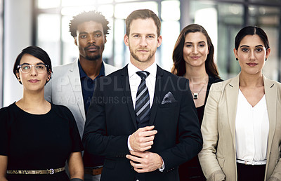 Buy stock photo Teamwork, lawyers and portrait of business people in office for partnership, collaboration and about us. Professional, corporate diversity and men and women with confidence, company pride and smile
