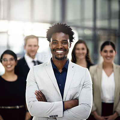Buy stock photo Teamwork, crossed arms and portrait of business people in office for partnership, collaboration or about us. Professional lawyers, diversity and men and women with confidence, company pride and smile