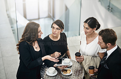 Buy stock photo Business people, group and coffee break with conference, conversation and planning with networking. Staff, financial workshop and employees with morning tea, speaking and communication with ideas