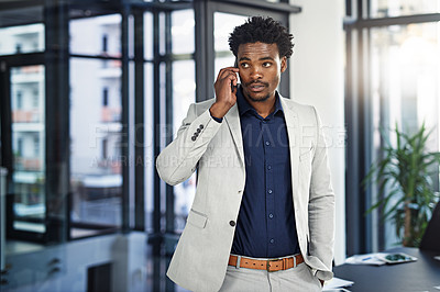 Buy stock photo Black man, business and discussion with phone call at office for communication, proposal or corporate chat. African businessman talking or listening on mobile smartphone for conversation at workplace