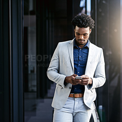 Buy stock photo Businessman, typing and balcony with phone for communication, social media or news in city. African man or employee on mobile smartphone app for online chatting, texting or research in an urban town