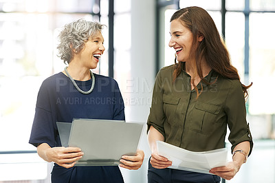 Buy stock photo Women, mentor and team with laugh in conversation as coworkers in workplace for business, growth and management as hr. Female people, happy and paperwork for employment, company or recruitment