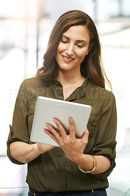 Buy stock photo Smile, business woman and research on tablet for project, report or reading email on app online in office. Digital tech, professional and happy consultant networking for news, information or planning