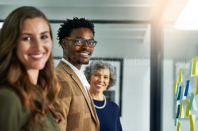 Buy stock photo Meeting, solidarity and portrait of business people in office for corporate, brainstorming or teamwork. Employee, diversity and collaboration in job for financial planning, growth or review on profit