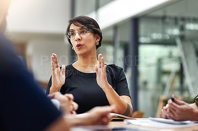 Buy stock photo Business people, office and woman in meeting, conversation and explain schedule with feedback, review and development. Team leader, employee and consultant with creative agency, coaching and deadline