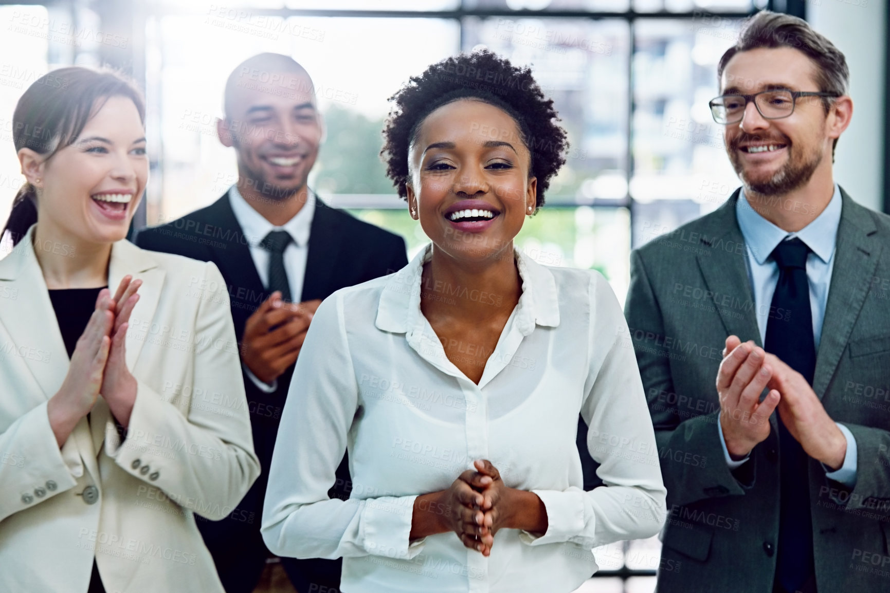 Buy stock photo Applause, portrait and business woman with team in office for good news, achievement or goal. Happy, gratitude and group of financial advisors clapping hands for celebration with person in workplace.