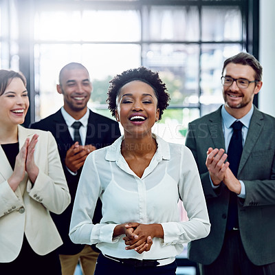 Buy stock photo Clapping hands, portrait and business woman with team in office for good news, achievement or goal. Affirmative action, gratitude and financial advisors with applause for empowerment with person.