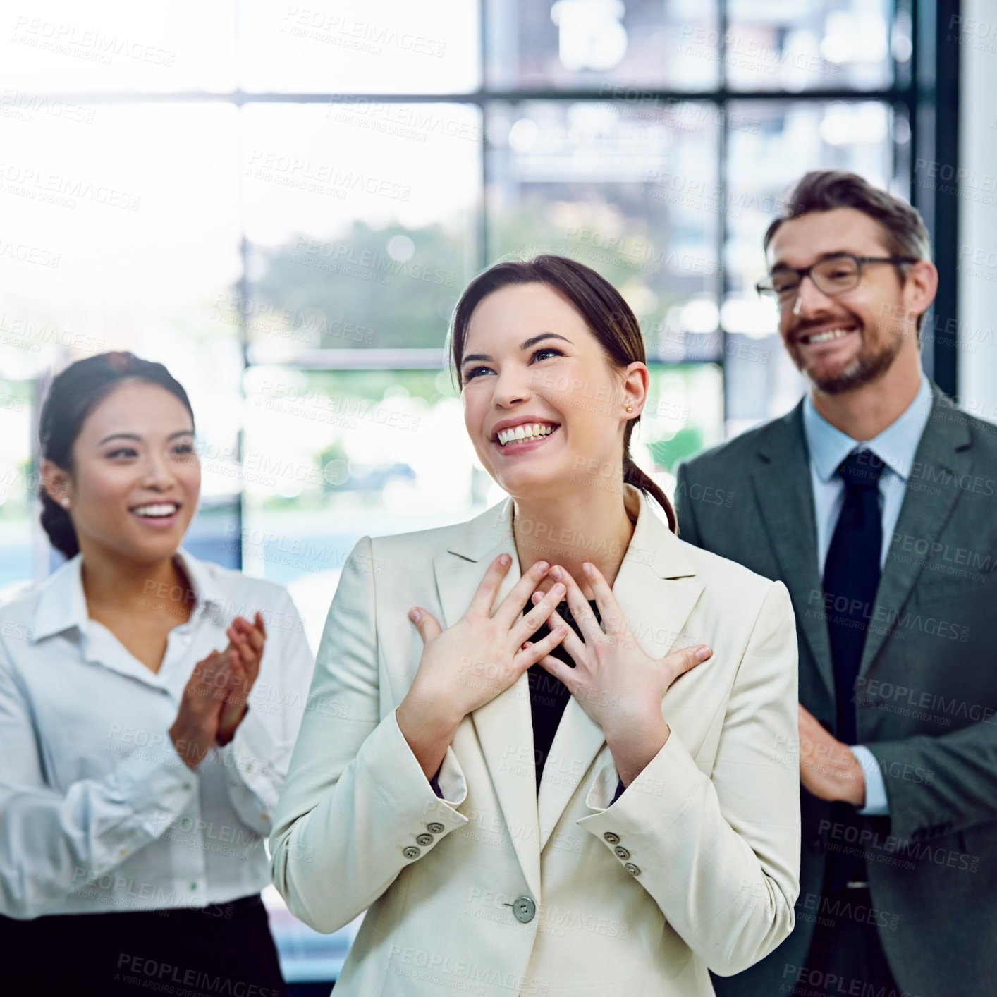 Buy stock photo Applause, gratitude and business woman with team in office for good news, achievement or goal. Happy, pride and group of financial advisors clapping hands for confident female person in workplace.