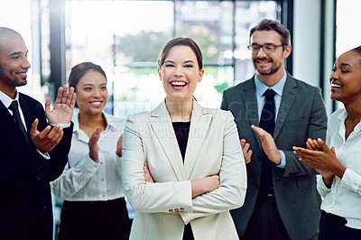 Buy stock photo Applause, pride and portrait of business woman with team in office for good news, achievement or goal. Happy, gratitude and group of financial advisors clapping hands for female person in workplace.