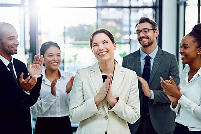 Buy stock photo Business, woman and employees with applause, promotion and achievement in the workplace. Partners, men and women clapping, celebration and support for collaboration, teamwork or happiness with growth