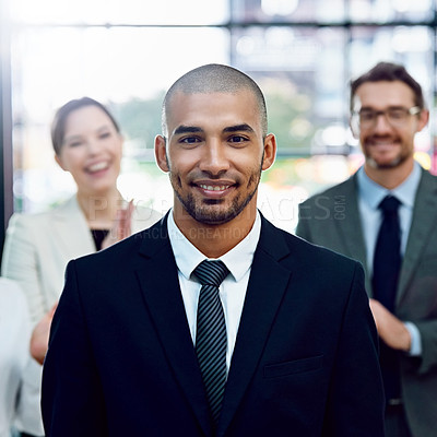 Buy stock photo Businessman, portrait and office with smile, celebration and success for promotion and collaboration. Man, applause and teamwork with happiness, praise and appreciation or employee recognition