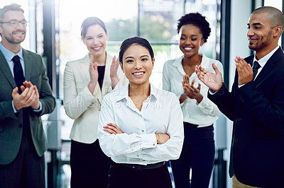 Buy stock photo Applause, crossed arms and portrait of business woman with team in office for good news or achievement. Happy, gratitude and financial advisors clapping hands for female person in workplace.