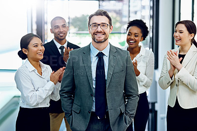 Buy stock photo Applause, portrait and businessman with team in office for good news, achievement or goal. Happy, gratitude and group of financial advisors clapping hands for mature male manager in workplace.