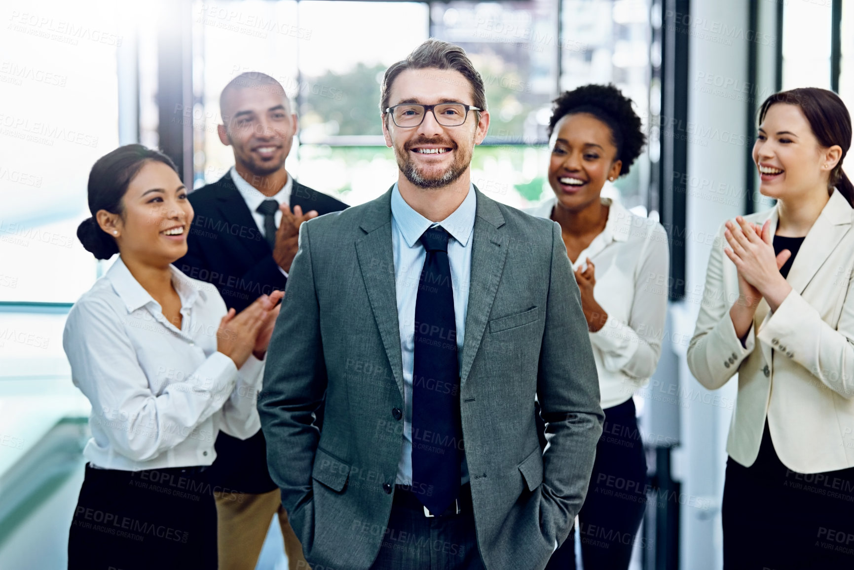 Buy stock photo Applause, portrait and businessman with team in office for good news, achievement or goal. Happy, gratitude and group of financial advisors clapping hands for mature male manager in workplace.