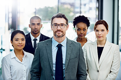 Buy stock photo Confident, diversity and portrait of business people in office for teamwork, collaboration and leadership. Smile, pride and group of financial advisors with manager for internship in workplace.