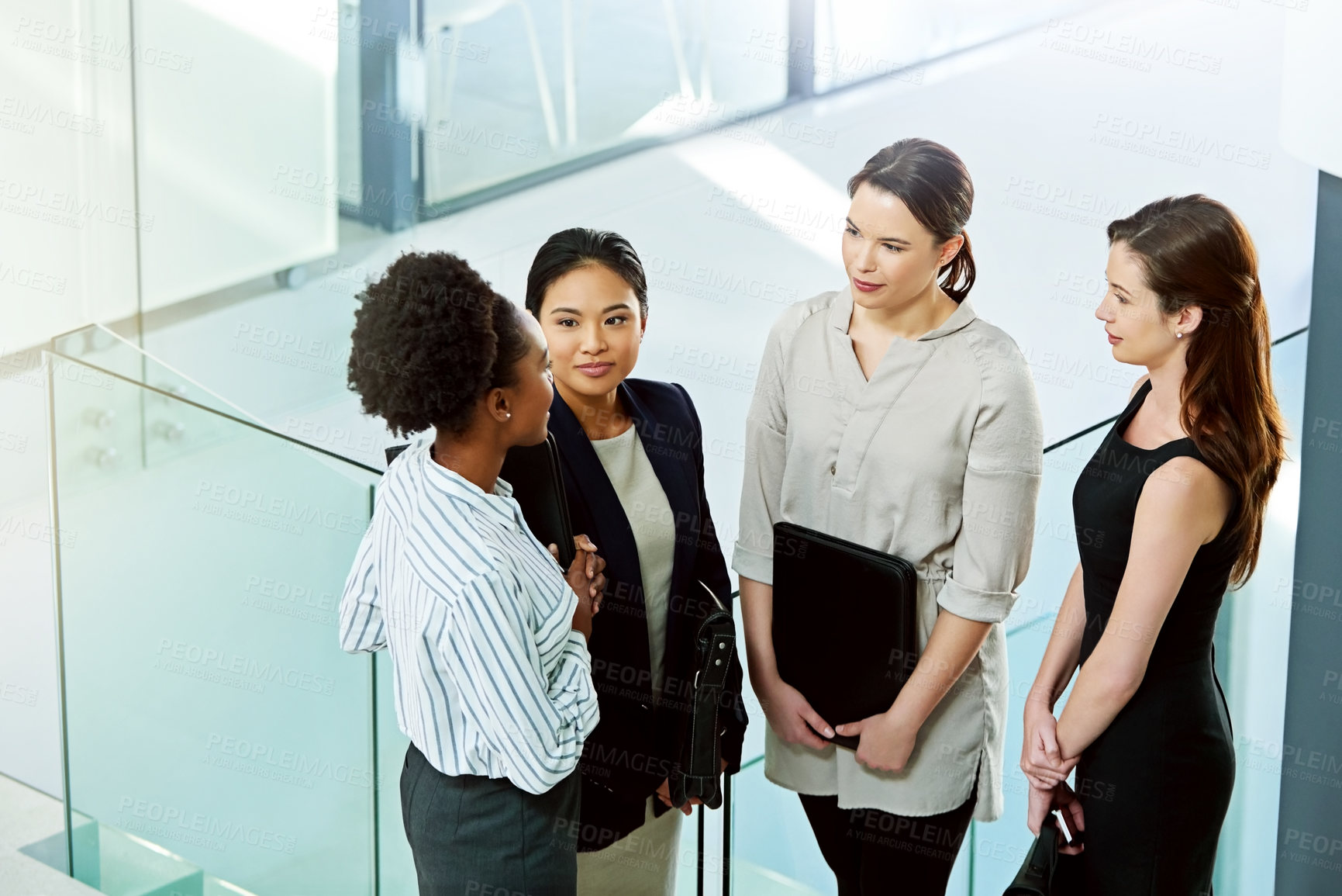Buy stock photo Top view, collaboration and communication in corporate meeting for finance report, diversity and strategy while brainstorming. Teamwork, business women and discuss project in office, idea or planning