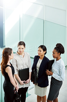 Buy stock photo Business people, planning and talking ideas in office, teamwork and women for conversation. Employees, high angle and speaking on company growth, communication and support or collaboration in lobby