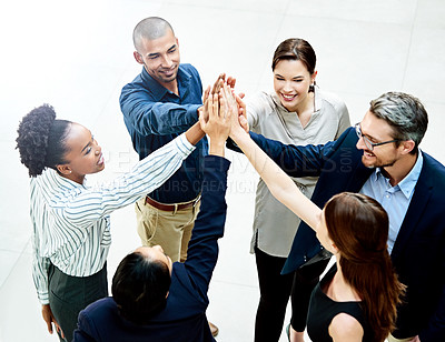Buy stock photo Business people, hands and group high five with support for b2b project planning for goal, target or deal. Men, woman and colleague solidarity in circle for tech startup, teamwork or collaboration