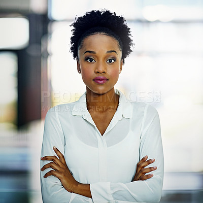 Buy stock photo African businesswoman, portrait and office with arms crossed, proud and confidence for goals. Corporate lawyer, professional law firm and expert attorney for success, management and startup workspace