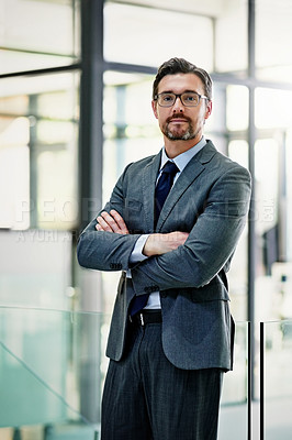 Buy stock photo Business, mature man and portrait in corporate, proud and confidence for law firm in New York or advocate. Worker, lawyer and employee of agency, legal and executive for workplace and attorney in job