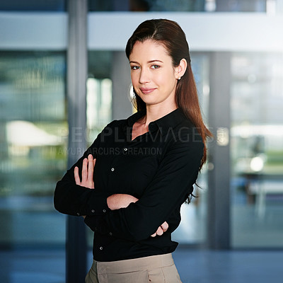 Buy stock photo Portrait, professional and business woman with pride in office, smile or positive attitude. Content editor, face and female person with arms crossed, ambition and employee for journalism career