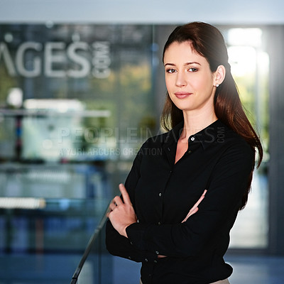 Buy stock photo Portrait, journalist and business woman with pride in office, smile or positive workplace. Content writer, face and female person with arms crossed, ambition and professional for journalism career